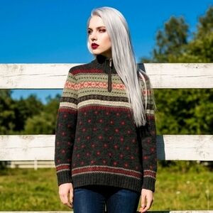 Lauren Ralph Lauren Fair Isle Quarter Zip Sweater Wool Blend Lg Hand Knit Preppy